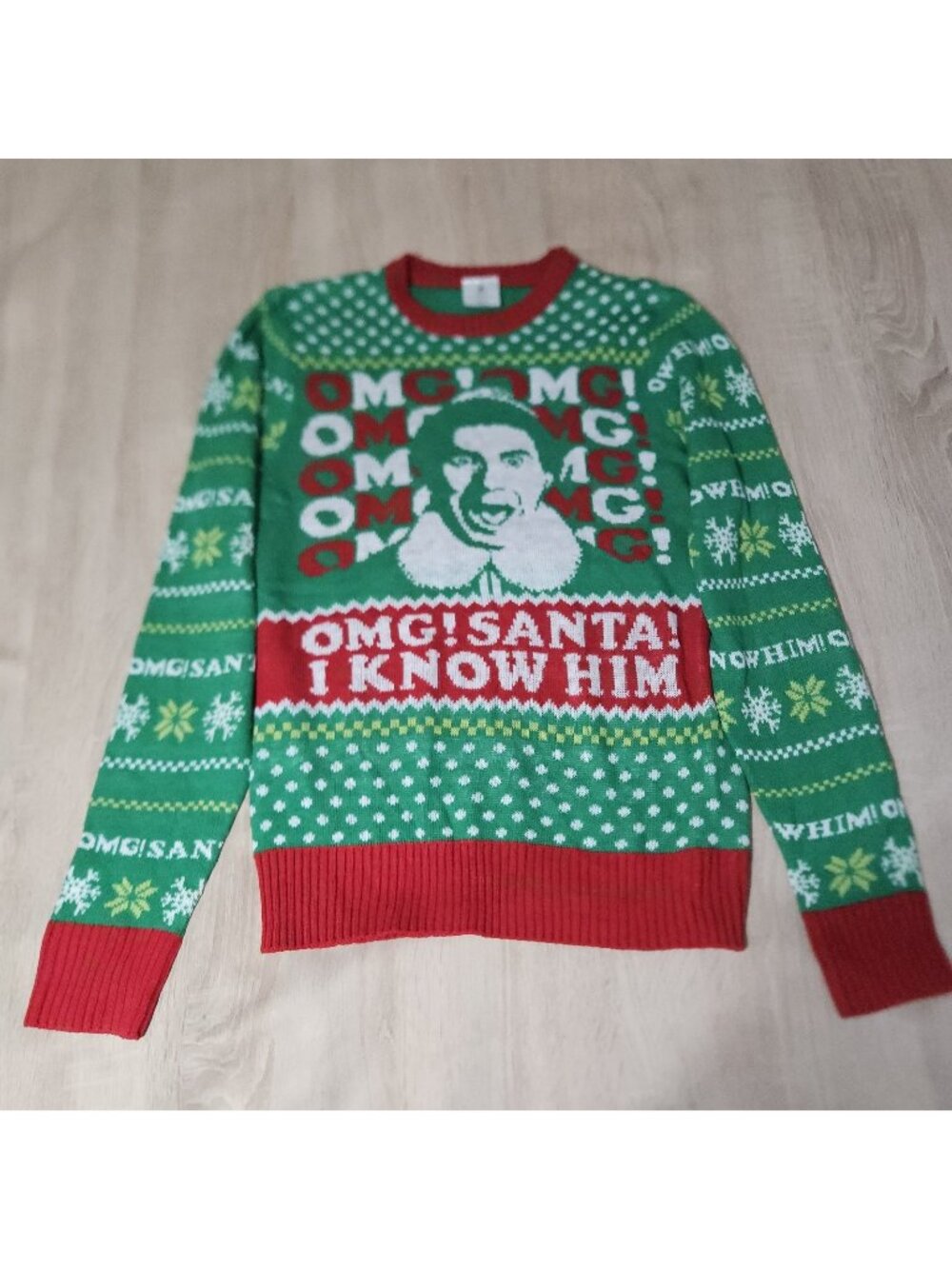 Buddy The Elf “OMG Santa I Know Him!” Green Red Christmas Ugly Sweater Sz L